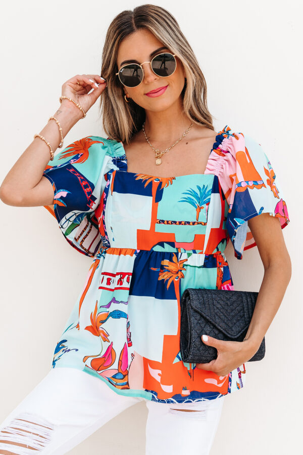 Sky Blue Tropical Printed Square Neck Flutter Sleeve Babydoll Blouse - Image 3