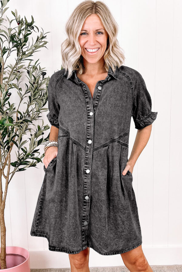 Beau Blue Mineral Wash Ruffled Short Sleeve Buttoned Denim Dress - Image 7