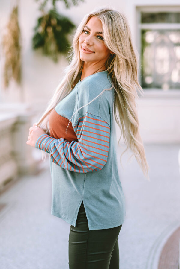 Green Colorblock Striped Bishop Sleeve Top - Image 5