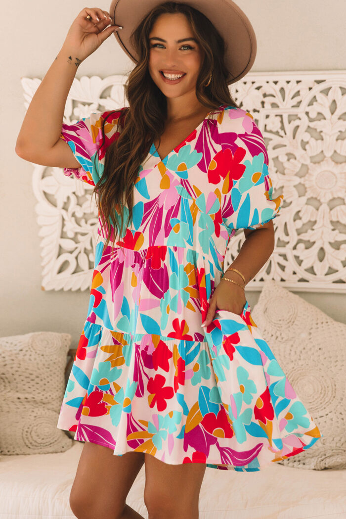 Rose Red Floral Bubble Sleeve V Neck Tiered Ruffle Babydoll Dress - Image 3