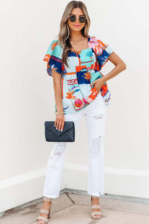 Sky Blue Tropical Printed Square Neck Flutter Sleeve Babydoll Blouse - Image 5