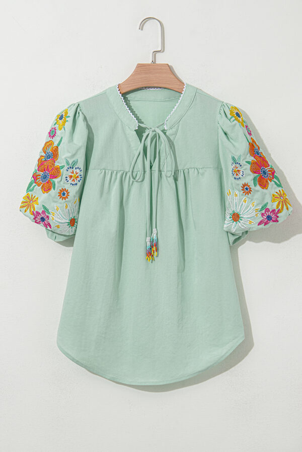 Clearly Aqua Floral Embroidered Puff Sleeve Split Neck Blouse - Image 4