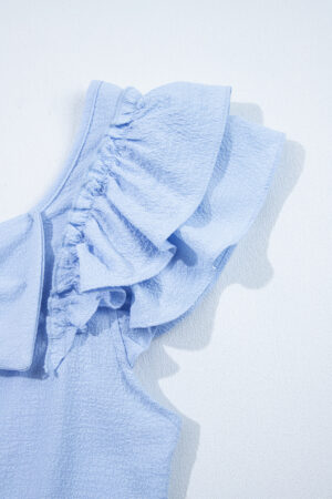 Gossamer Pink Textured Bow Knot Frilled Butterfly Sleeve Blouse