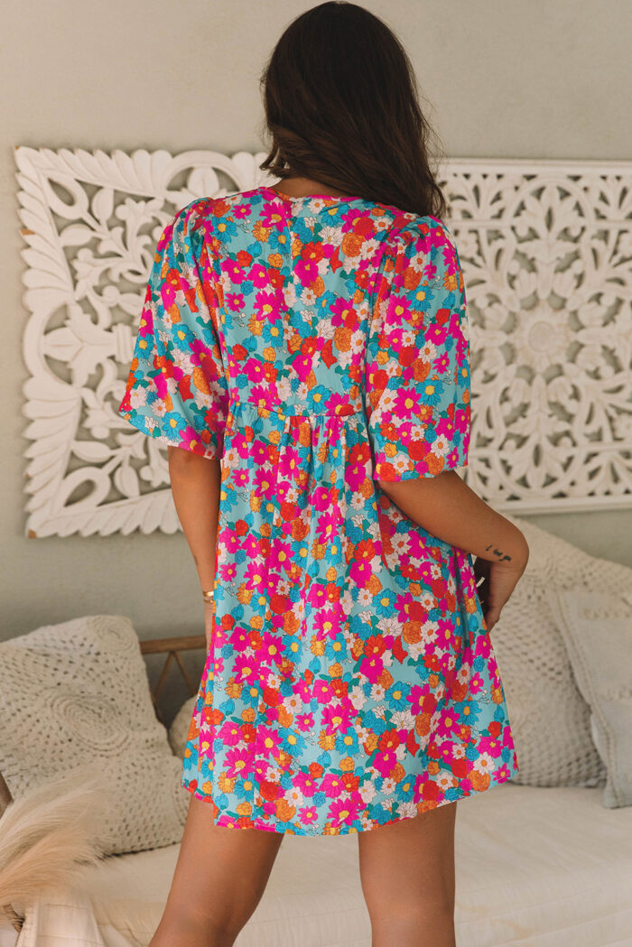 Sky Blue Floral Print Tie Split Neck Bubble Sleeve Babydoll Dress - Image 2
