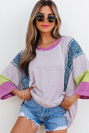 Purple Stripe Floral Color Block Raw Edge Patchwork Bracelet Sleeve Blouse