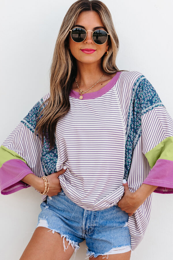 Purple Stripe Floral Color Block Raw Edge Patchwork Bracelet Sleeve Blouse - Image 4