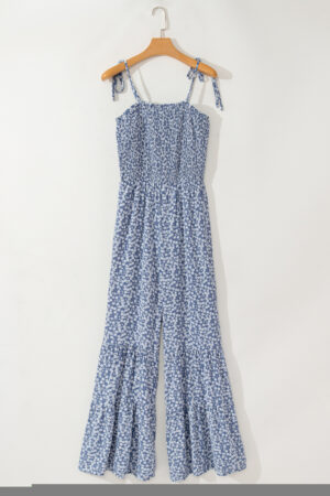 Black Thin Straps Smocked Bodice Wide Leg Floral Jumpsuit