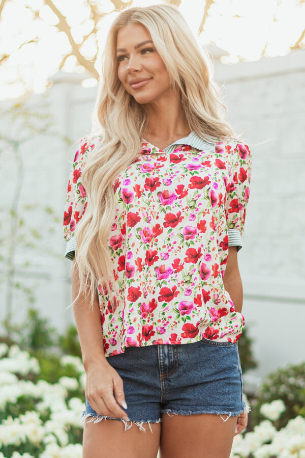Red Floral Print Striped Patchwork Collared Short Sleeve Blouse - Image 4