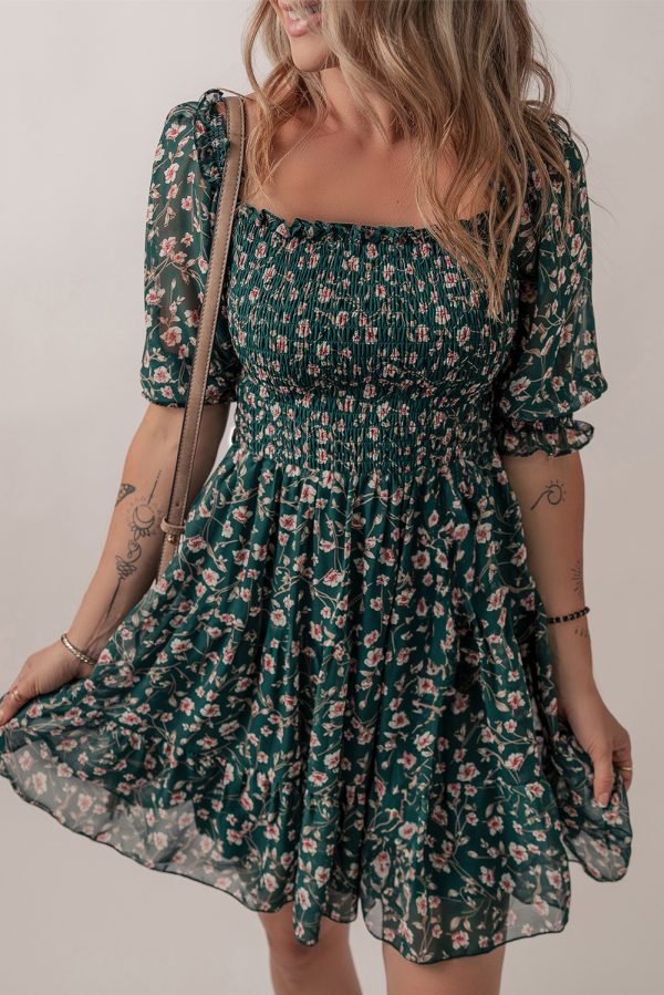 Green Smocked Square Neck Puff Short Sleeve Floral Dress