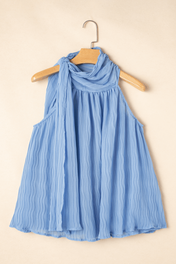 Myosotis Textured Pleated Tied Mock Neck Flowy Tank Top - Image 6