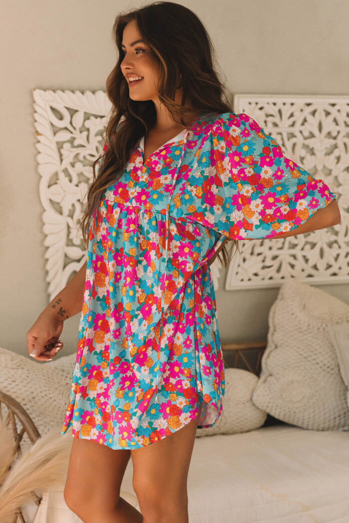 Sky Blue Floral Print Tie Split Neck Bubble Sleeve Babydoll Dress - Image 3