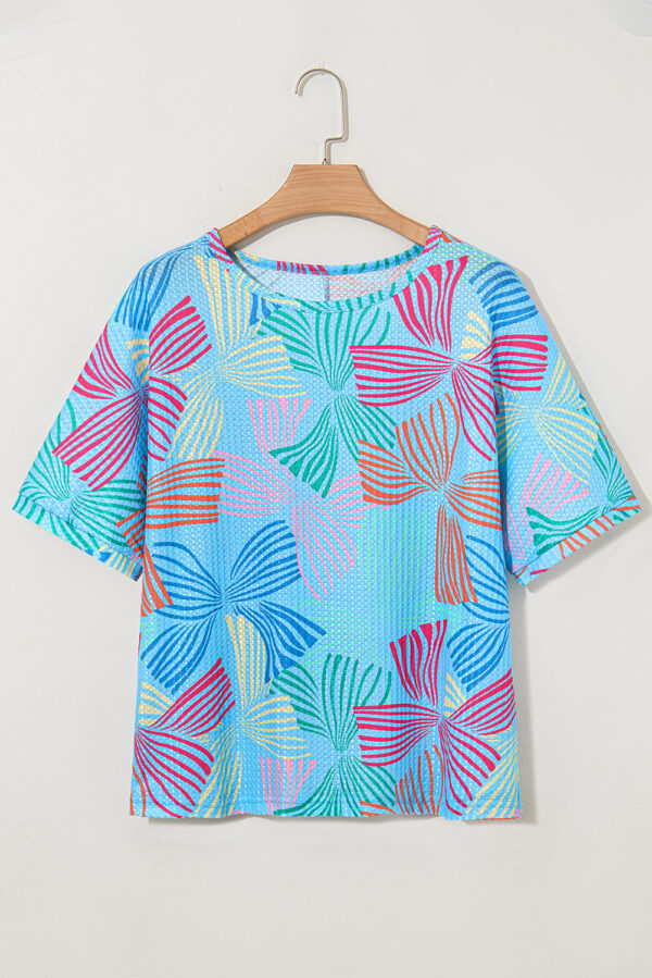 Sky Blue Bowknot Printed Waffle Crewneck Loose Short Sleeve Top - Image 3