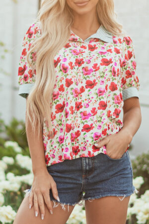 Red Floral Print Striped Patchwork Collared Short Sleeve Blouse