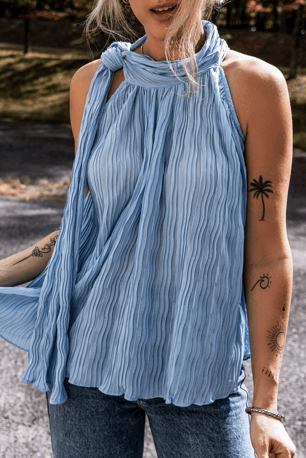 Myosotis Textured Pleated Tied Mock Neck Flowy Tank Top - Image 5