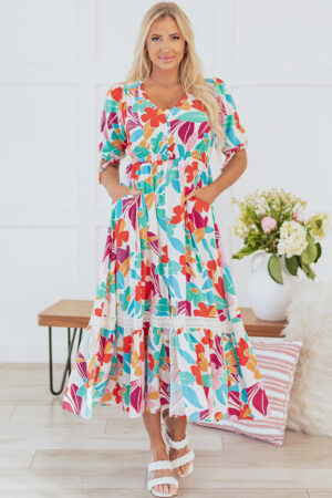 Rose Red Floral Knot Puff Sleeve V Neck Buttoned Front Split Lace Maxi Dress