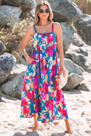 Dark Blue Floral High Waist Sleeveless Flared Long Dress