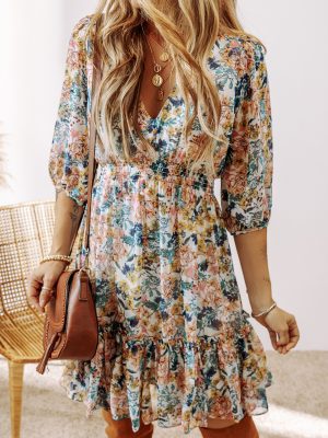 Sky Blue Floral 3/4 Sleeve V Neck High Waist Ruffled Dress