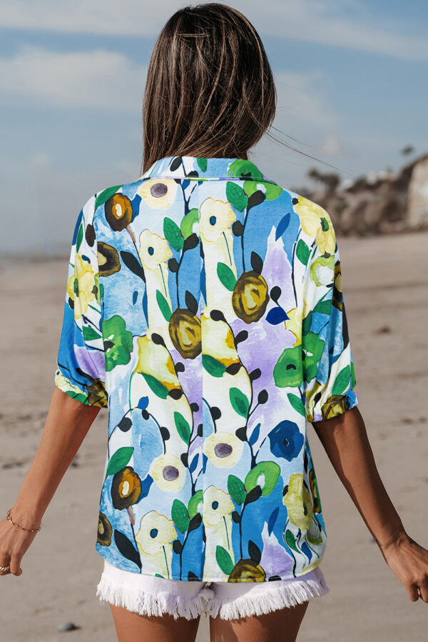 Light Blue Floral Print Slit V Neck Short Sleeve Blouse - Image 2