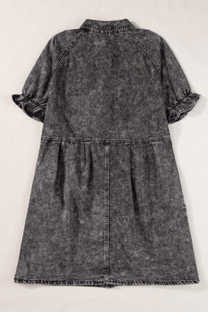 Beau Blue Mineral Wash Ruffled Short Sleeve Buttoned Denim Dress