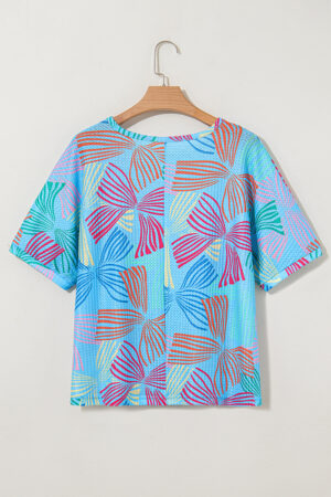 Sky Blue Bowknot Printed Waffle Crewneck Loose Short Sleeve Top