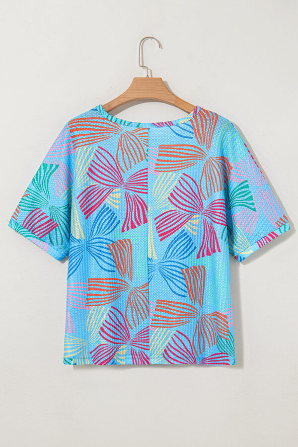 Sky Blue Bowknot Printed Waffle Crewneck Loose Short Sleeve Top - Image 4