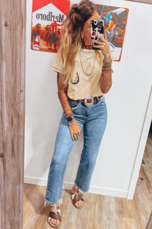 Apricot RODEO Horseshoe Embroidered Patch Pocket T Shirt