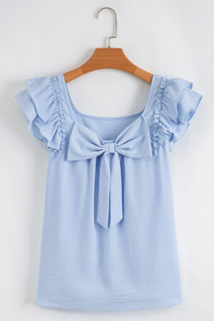Gossamer Pink Textured Bow Knot Frilled Butterfly Sleeve Blouse