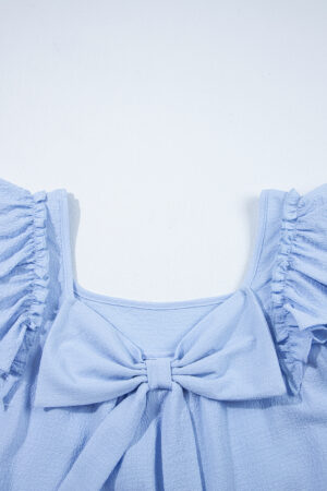 Gossamer Pink Textured Bow Knot Frilled Butterfly Sleeve Blouse
