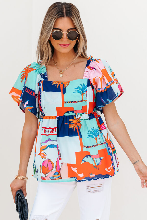 Sky Blue Tropical Printed Square Neck Flutter Sleeve Babydoll Blouse - Image 7