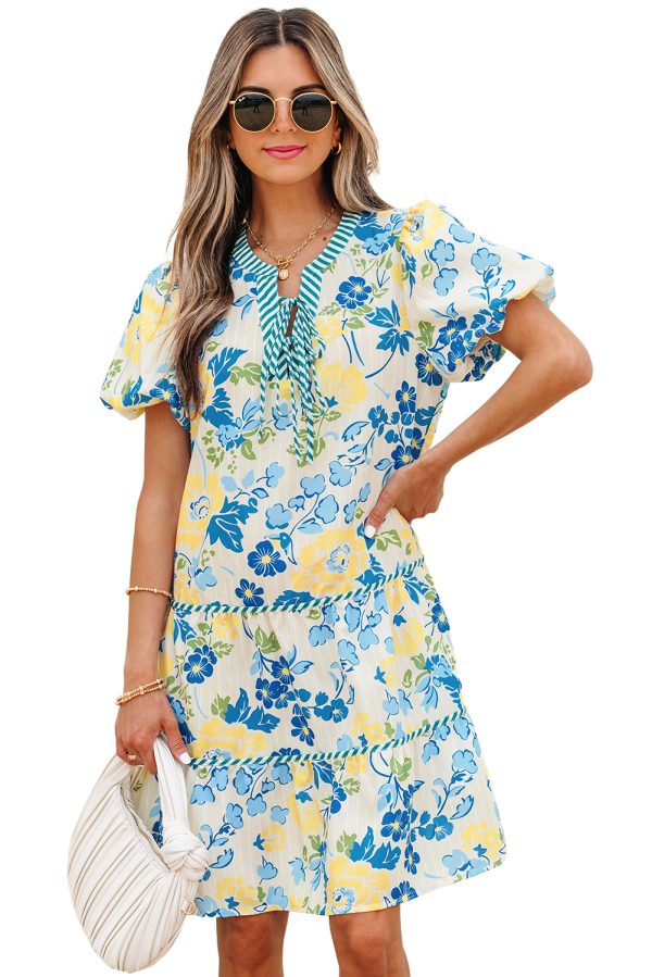 Blue Floral Striped Trim Puff Short Sleeve Dress
