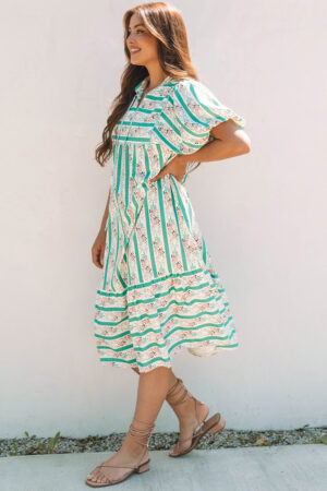 Multicolour Striped Floral Print Tie Split Neck Puff Sleeve Midi Dress