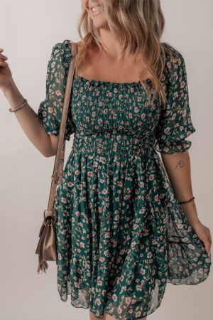 Green Smocked Square Neck Puff Short Sleeve Floral Dress