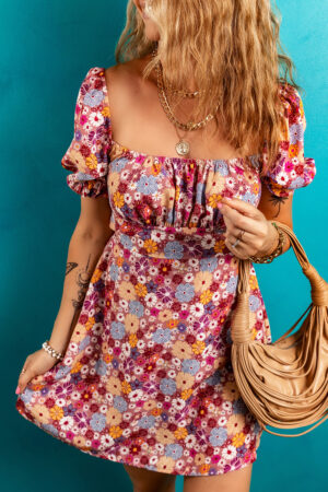 Red Floral Puff Sleeve Square Neck Knot Open Back Mini Dress