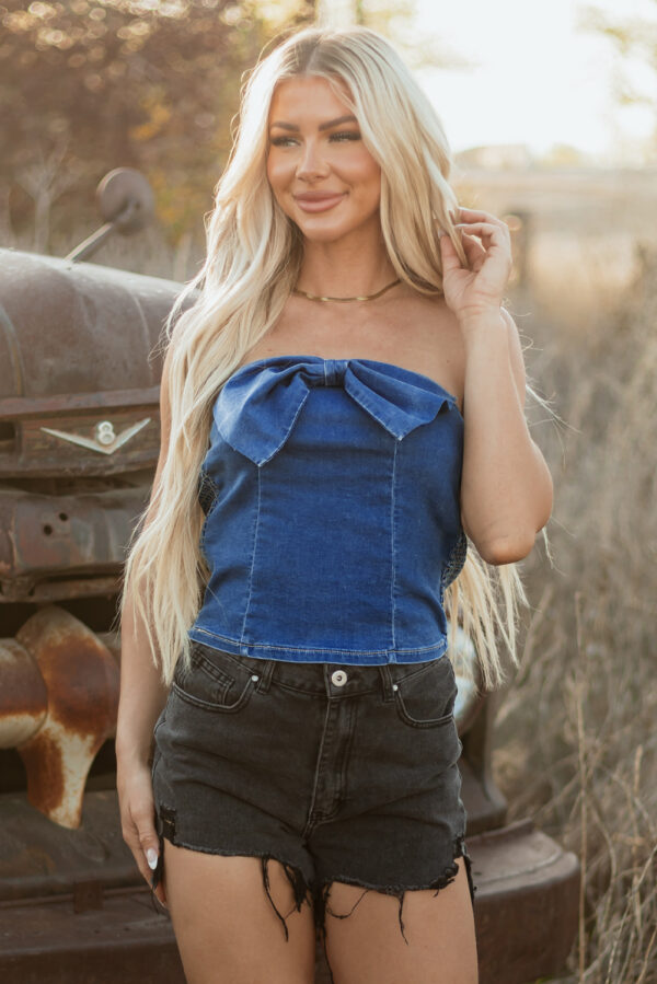 Sail Blue Vintage Bow Front Smocked Back Denim Tube Top - Image 5