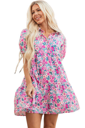 Pink Floral Collared Half Placket Short Sleeve Loose Dress