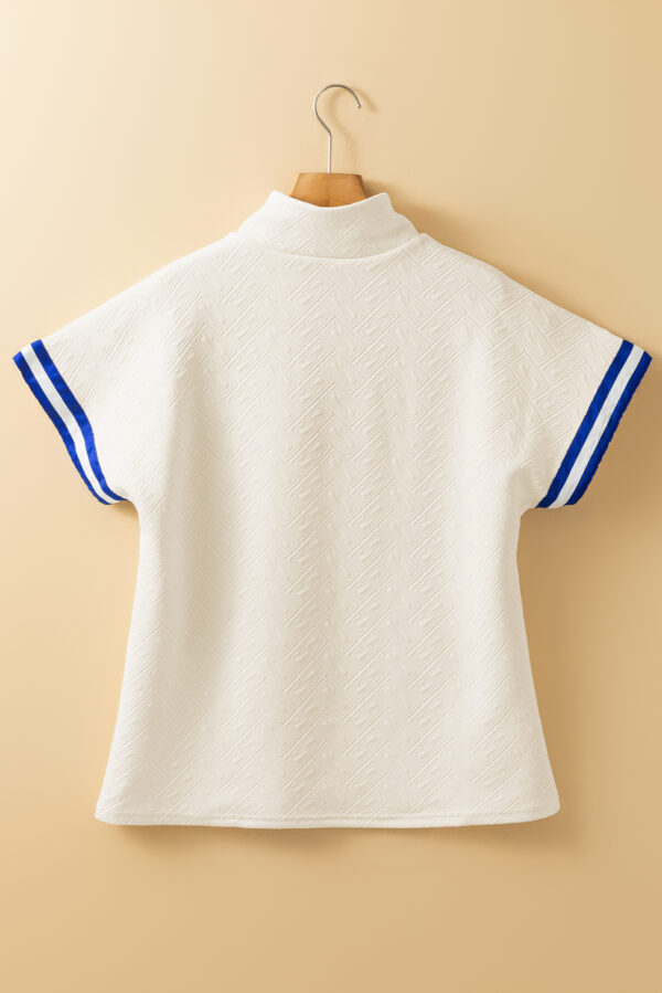 Beige Preppy Striped Trim Textured Quarter Zipper Colorblock Short Sleeve Top - Image 4