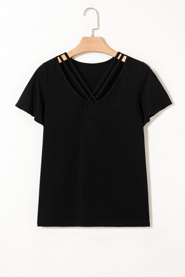 Black Crisscross V Neck Butterfly Sleeve T Shirt - Image 6