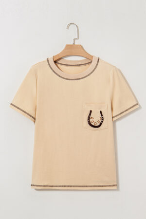 Apricot RODEO Horseshoe Embroidered Patch Pocket T Shirt