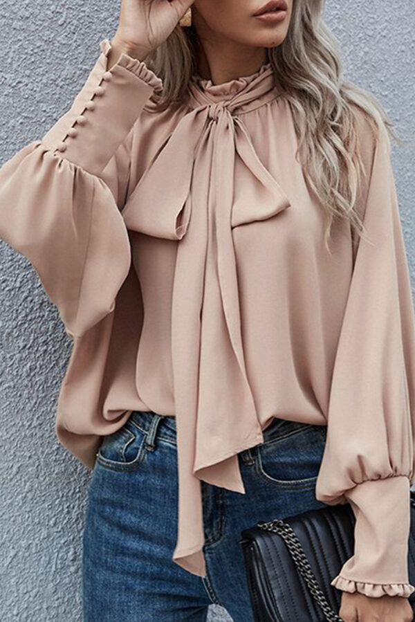 Khaki Frilled Knotted Mock Neck Bishop Sleeve Blouse - Image 6