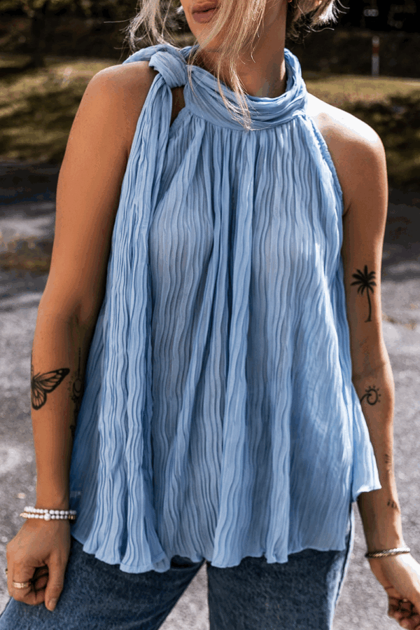 Myosotis Textured Pleated Tied Mock Neck Flowy Tank Top - Image 4