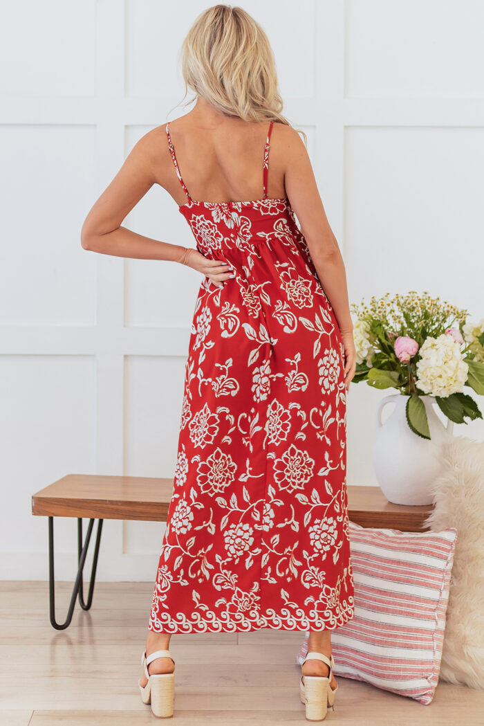 Red Floral Printed Spaghetti Strap Empire Waist Maxi Dress - Image 2