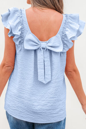 Gossamer Pink Textured Bow Knot Frilled Butterfly Sleeve Blouse
