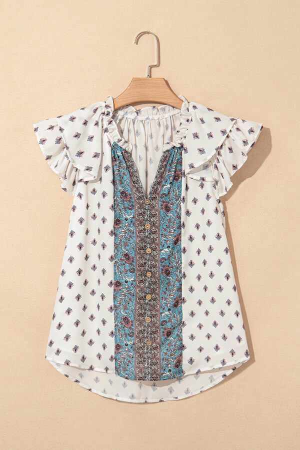 White Boho Pattern Tiered Ruffled Sleeve V Neck Buttoned Blouse - Image 6