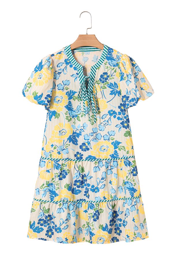 Blue Floral Striped Trim Puff Short Sleeve Dress