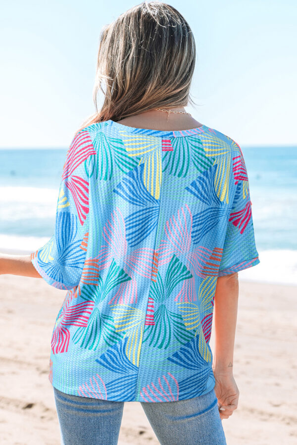 Sky Blue Bowknot Printed Waffle Crewneck Loose Short Sleeve Top - Image 2