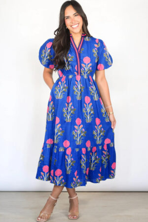 White Floral Puff Short Sleeve V Neck High Waist Maxi Dress