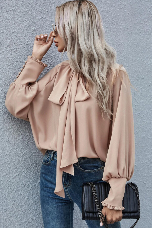 Khaki Frilled Knotted Mock Neck Bishop Sleeve Blouse - Image 8