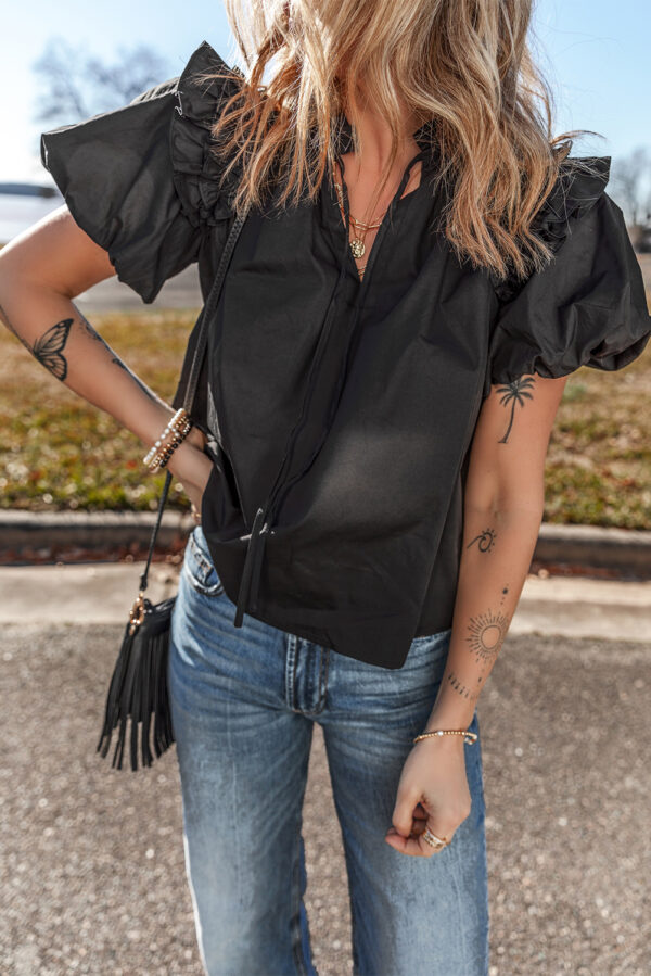 Black Ruffled Puff Short Sleeve Loose Blouse - Image 3
