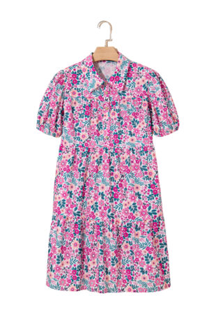 Pink Floral Collared Half Placket Short Sleeve Loose Dress
