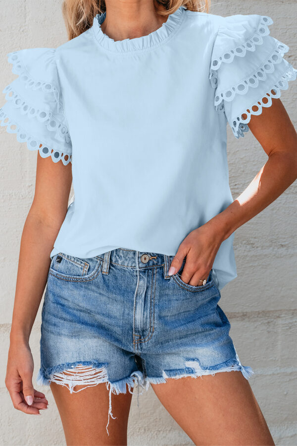 Beau Blue Layered Ric Rac Cap Sleeve Filled Neck Blouse - Image 7